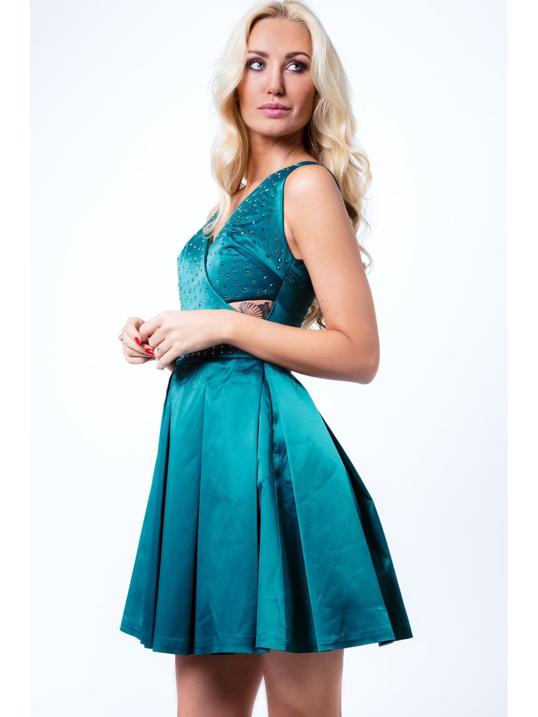 Dress with decorative stones, green G50111 - Online store - Boutique